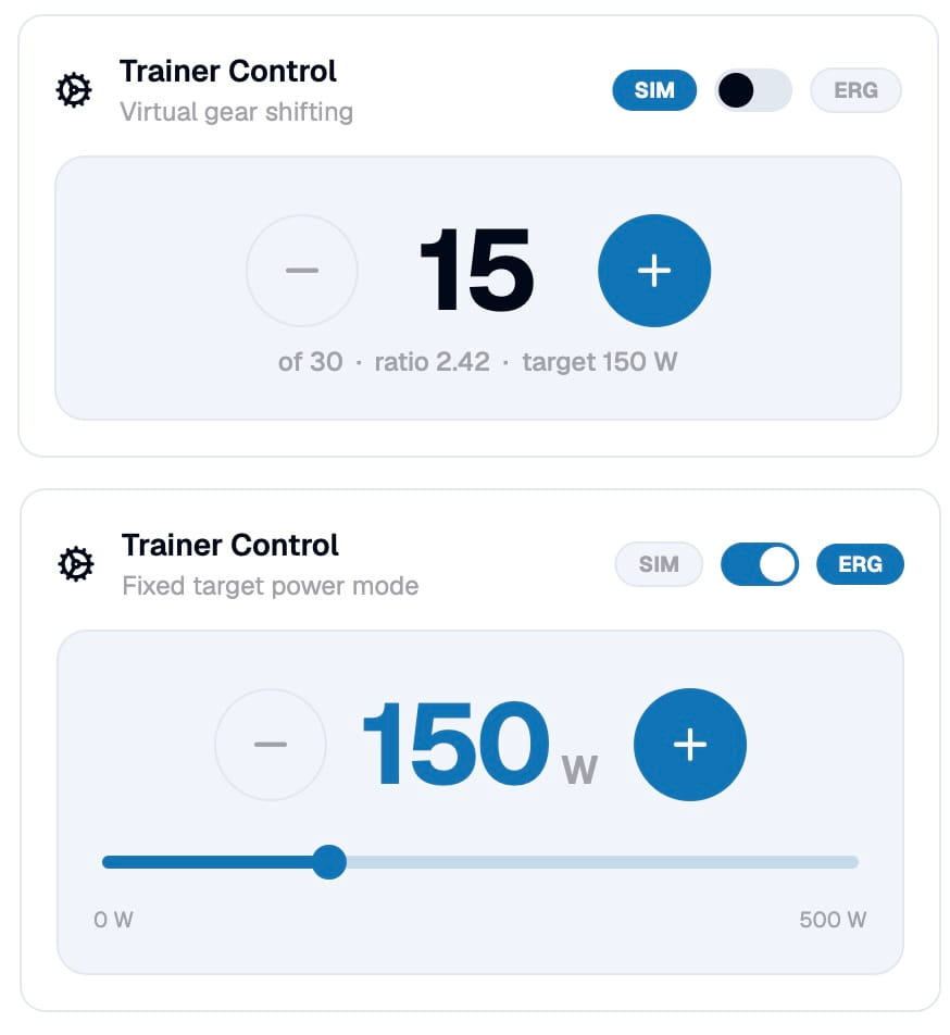 Current gear in SIM, ERG +/− watt steps in workouts Mode-aware up/down with ERG +/-