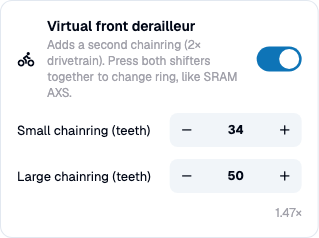 The Virtual front derailleur setting with small and large chainring sizes