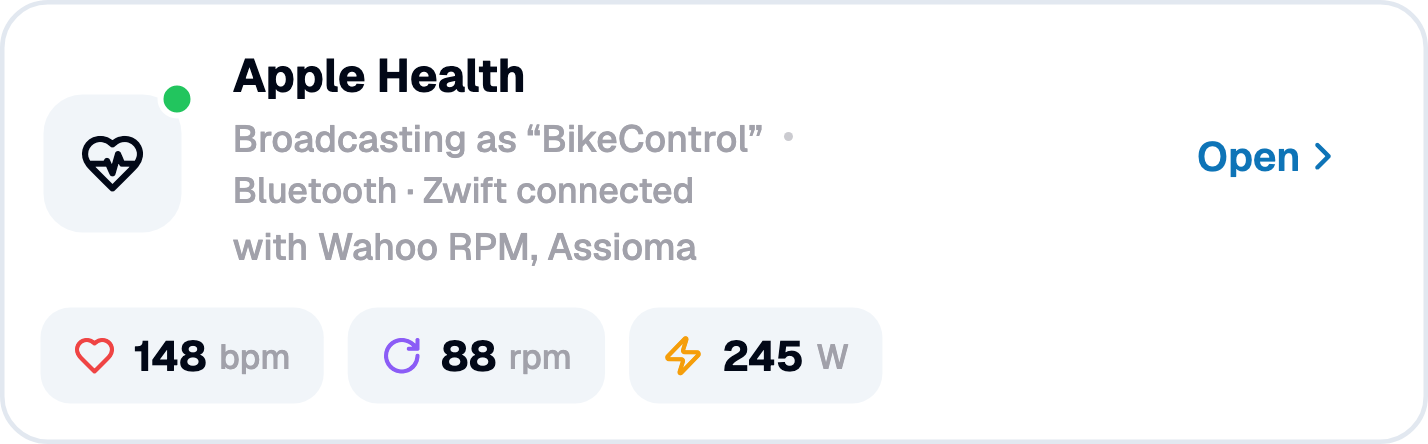 Back on the home screen the Sensors card takes the trainer's slot and shows who's listening The home screen's Sensors card: Apple Health, Broadcasting as "BikeControl" over Bluetooth with Zwift connected, with Wahoo RPM and Assioma, and live chips reading 148 bpm, 88 rpm and 245 W