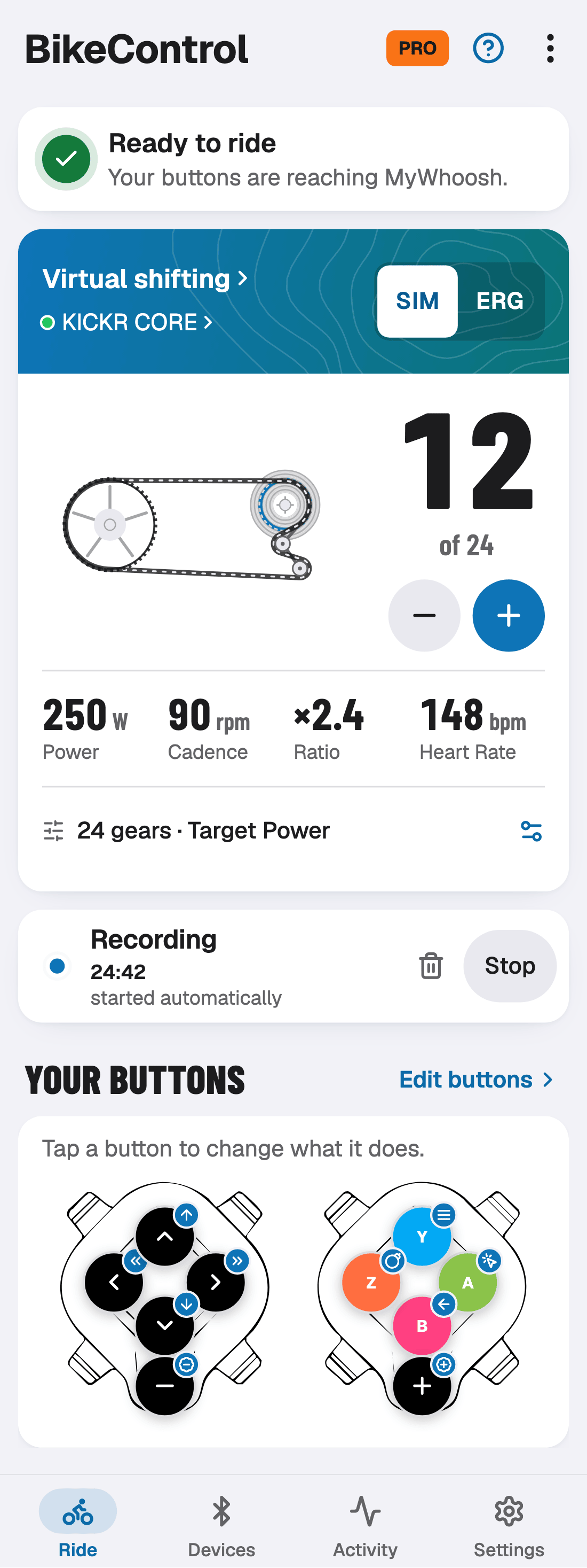 Ride tab with the status, the virtual shifting card and your buttons