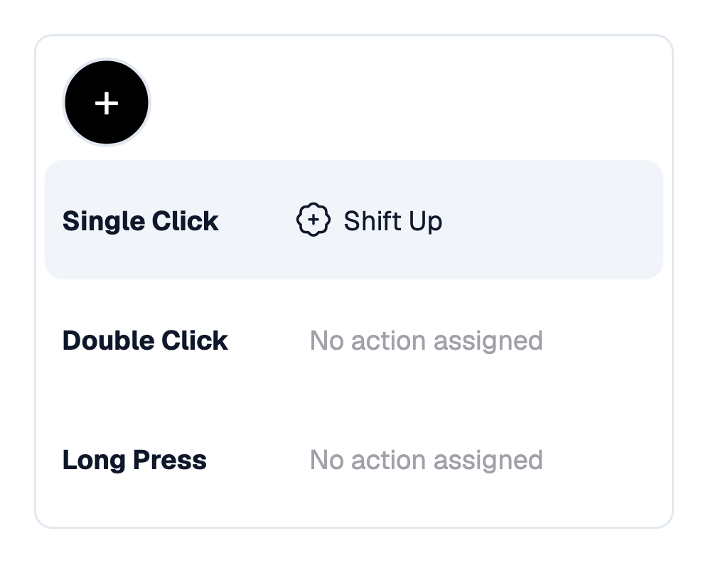 Una fila por gesto, cada una mostrando lo que hace hoy: elige una para editarla Un desplegable bajo el botón más del Click V2 con tres filas: «Un clic» con un icono de cambio y «Shift Up», «Doble clic — Sin acción asignada», «Pulsación larga — Sin acción asignada»