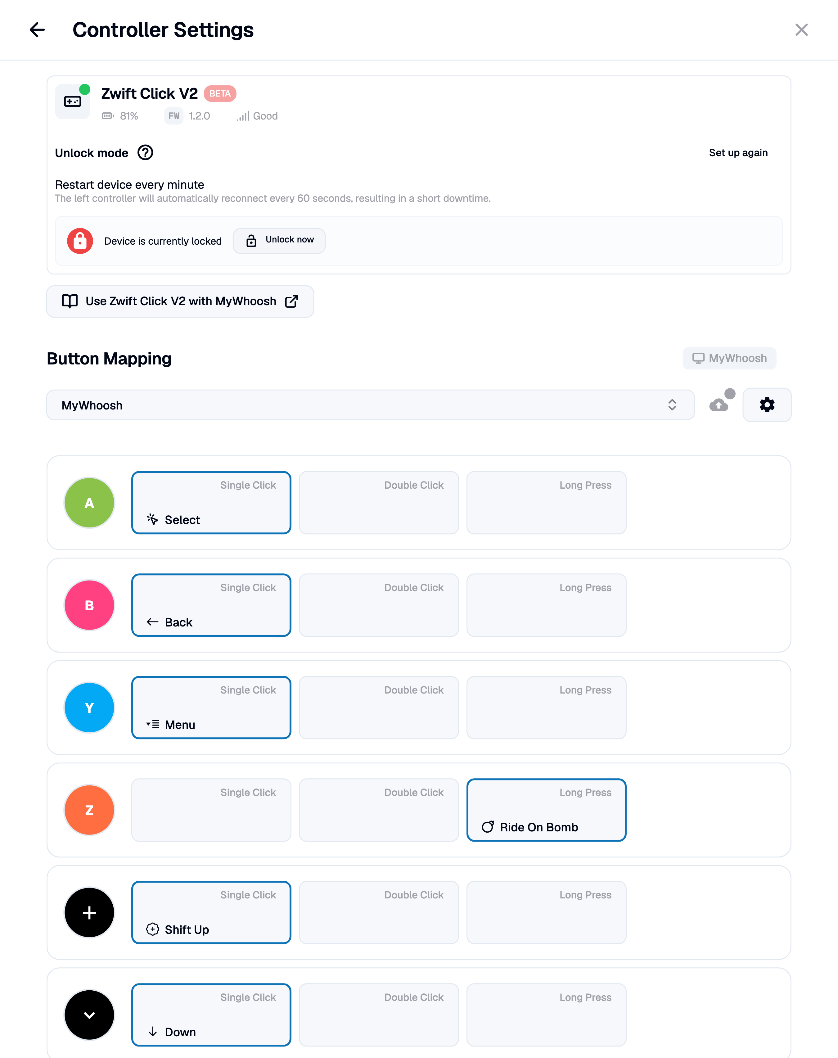 Configuración del controlador: los mismos tres gestos, pero para todos los botones a la vez, con scroll, porque un Click V2 tiene diez La página «Configuración del controlador» de BikeControl para un Zwift Click V2: la tarjeta del dispositivo con batería, firmware, señal y modo de desbloqueo, un enlace de ayuda, y luego una sección «Asignación de botones» con el selector de mapa y una fila por botón — A en «Select», B en «Back», Y en «Menu», Z en «Ride On Bomb» — cada fila con tres celdas: Un clic, Doble clic, Pulsación larga