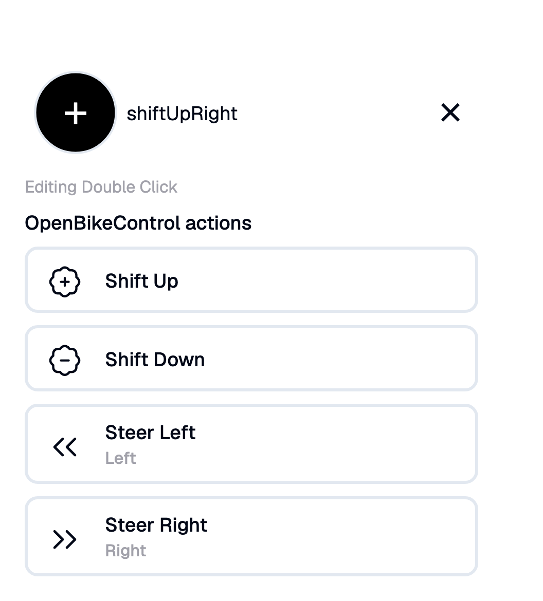 El editor va por gesto: el título dice cuál estás editando El cajón del editor de botón para shiftUpRight, con el encabezado «Editando Doble clic» y después una sección «Acciones de OpenBikeControl» que lista Shift Up, Shift Down, Steer Left y Steer Right como tarjetas seleccionables