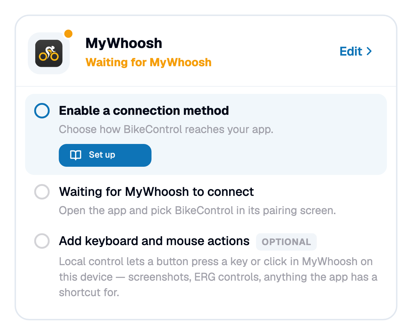 The trainer app card on BikeControl's main page: MyWhoosh, "Waiting for MyWhoosh", an Edit button, and a checklist whose last, optional step is "Add keyboard and mouse actions"