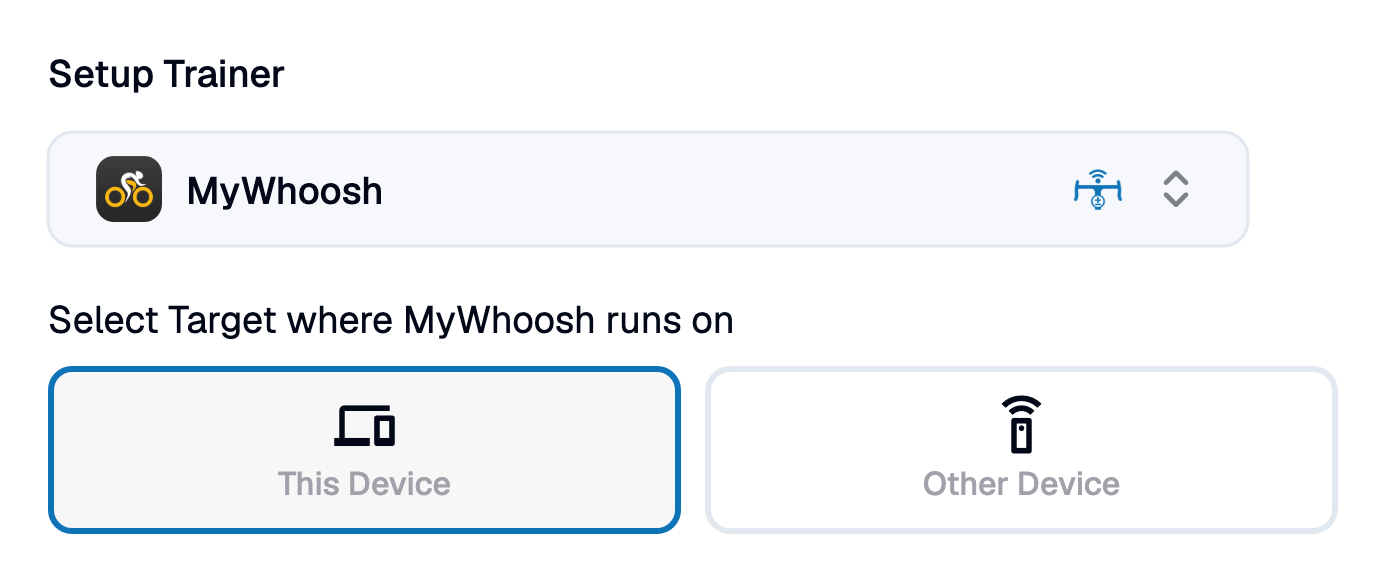BikeControl's Setup Trainer section — the trainer app picker set to MyWhoosh, and the target row with "This Device" selected