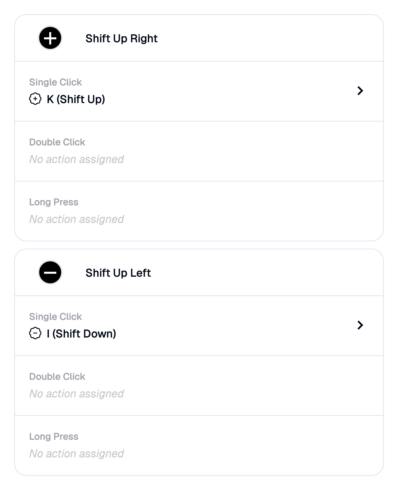 BikeControl's mapping table for a Zwift Click — Shift Up Right mapped to "K (Shift Up)" and Shift Up Left to "I (Shift Down)", each with empty Double Click and Long Press rows