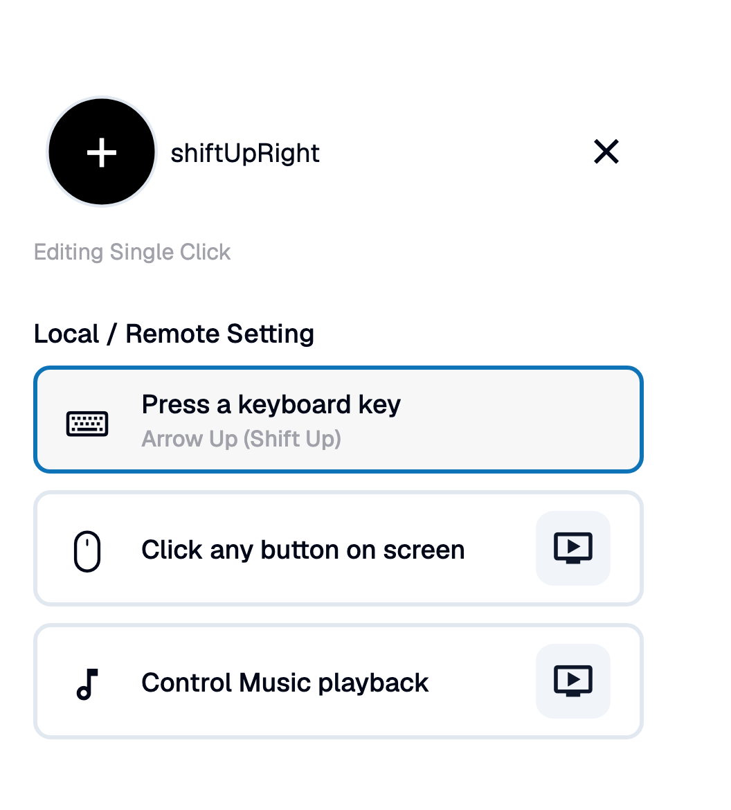 The button editor for shiftUpRight, Editing Single Click, with "Press a keyboard key — Arrow Up" selected, plus "Click any button on screen" and "Control Music playback" options