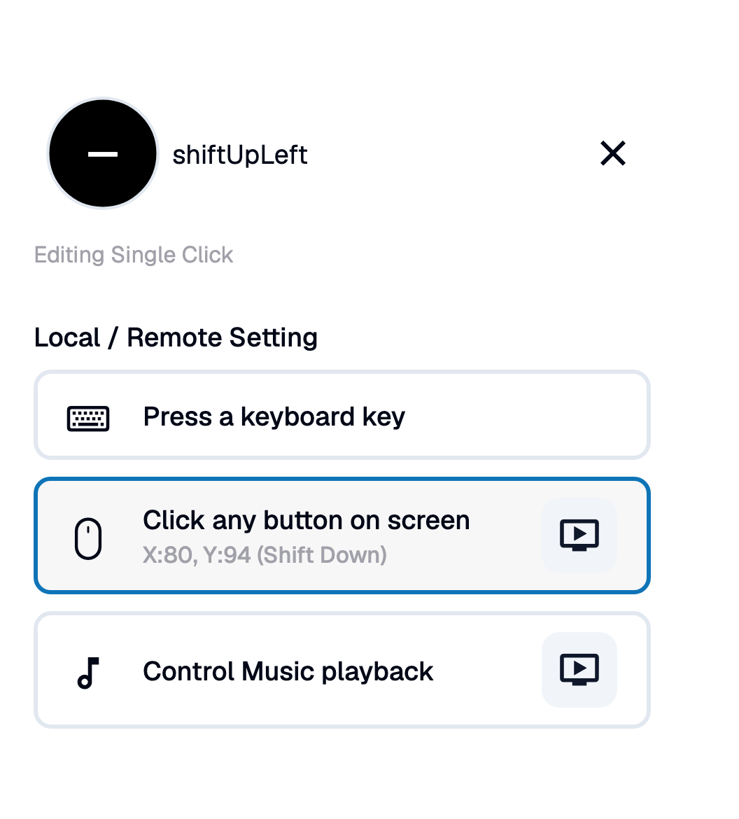 The button editor for shiftUpLeft with "Click any button on screen — X:80, Y:94 (Shift Down)" selected
