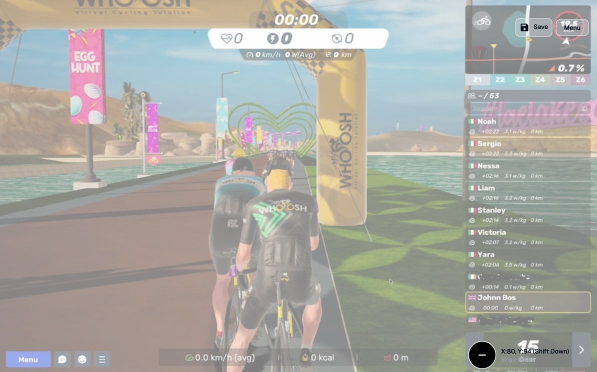 BikeControl's placement editor over a MyWhoosh in-game screenshot, with a draggable target labelled "X:80, Y:94 (Shift Down)" sitting on MyWhoosh's on-screen gear arrows, and Save / Menu buttons top right