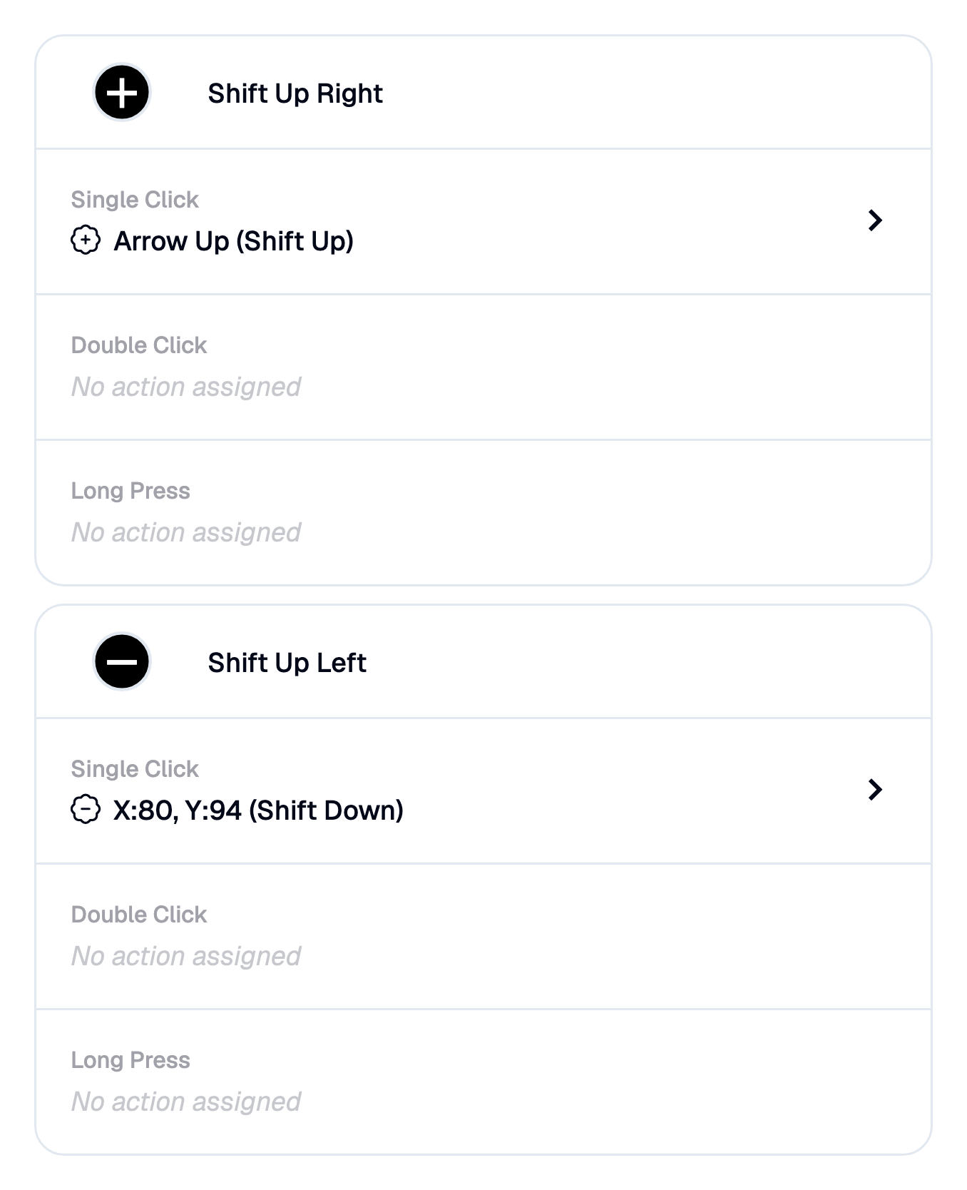 The mapping table after editing — Shift Up Right on "Arrow Up (Shift Up)" and Shift Up Left on "X:80, Y:94 (Shift Down)"