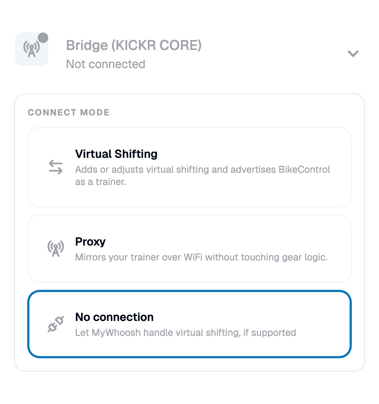 The BikeControl connection mode picker with Virtual Shifting, Proxy, and No connection — the latter reading "Let MyWhoosh handle virtual shifting, if supported"