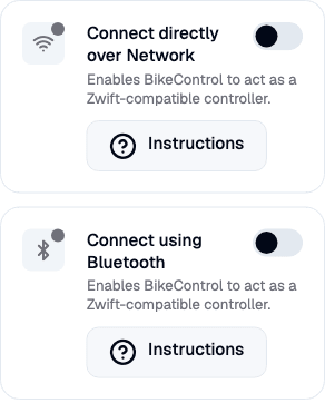 Choosing the Network or Bluetooth connection method for Rouvy in BikeControl