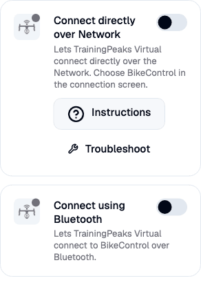 Choosing the Network or Bluetooth connection method for TrainingPeaks in BikeControl