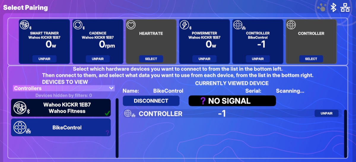 TrainingPeaks Virtual connection screen